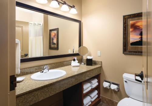 uma casa de banho com um lavatório, um WC e um espelho. em The Lodge at Deadwood em Deadwood