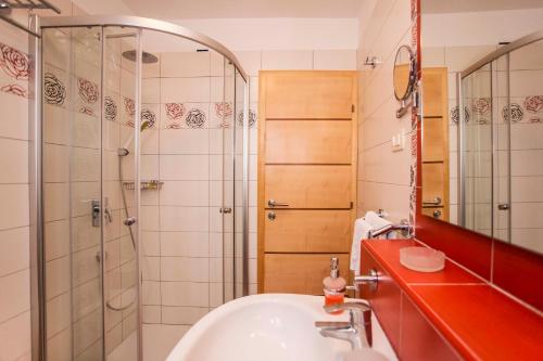 a bathroom with a shower and a sink and a mirror at Apartments Romano in Rovinj