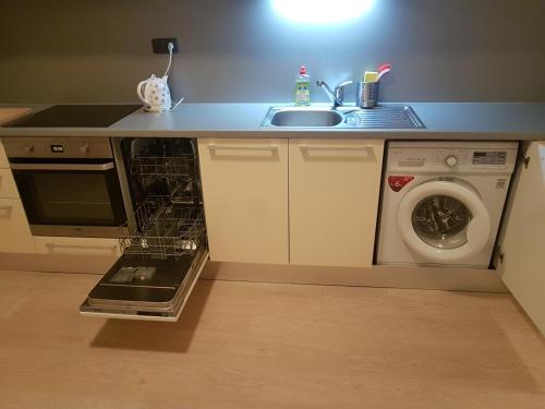 a kitchen with a sink and a washing machine at KaVi apartments #2 in Plzeň