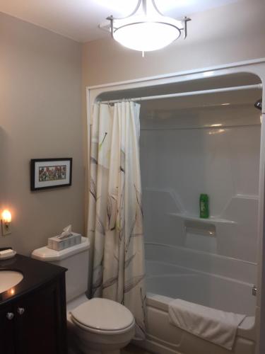 a bathroom with a toilet and a shower at Sir Isaac Brock B&B Luxury Suites in Brockville