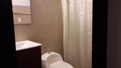 een badkamer met een toilet, een wastafel en een douche bij Coronado Beach Paradise in El Llano del Medio