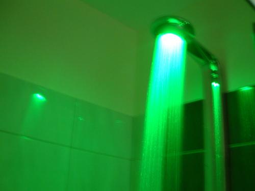 een douche met groen licht in de badkamer bij Chambres d'Hôtes "LE CALME" in Denicé