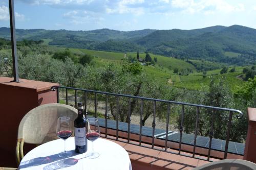 a table with two glasses of wine on a balcony at Terre di Melazzano - Le Case di Chiara in Greve in Chianti