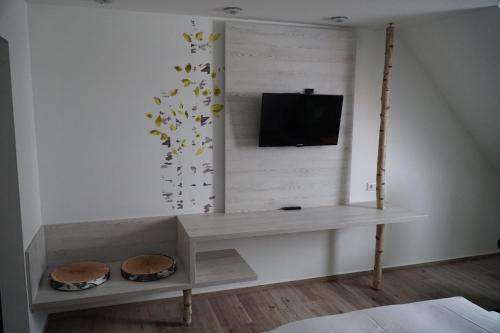 a room with a tv and a shelf with a television at Hotel Garni in Westerheim