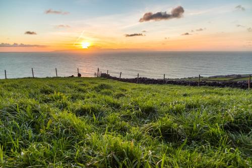 a field of grass with the sunset in the background at Quinta do Oeste in Doze Ribeiras