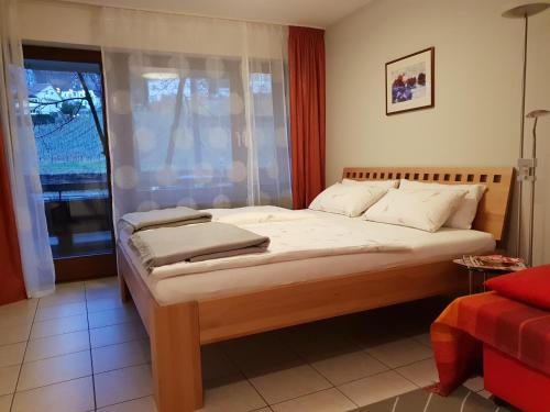 a large bed in a room with a window at City Appartement 5 in Freiburg im Breisgau