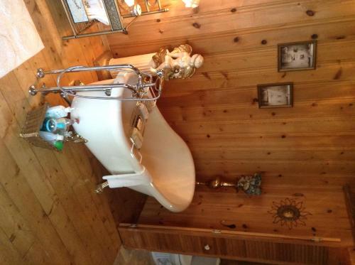 a bathroom with a toilet in a wooden wall at Gite la Tourelle du Cap in La Malbaie