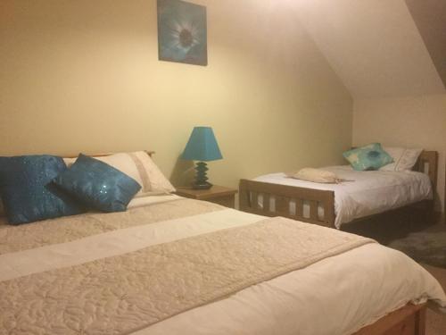 The Crossroads B&B في نيو روس: غرفة نوم بسريرين مع وسائد زرقاء ومصباح