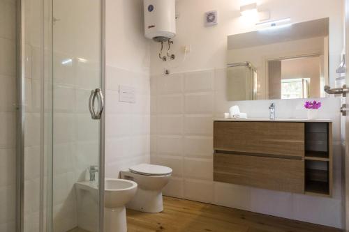 a bathroom with a toilet and a sink and a mirror at Villa Mallandrino in Mondello