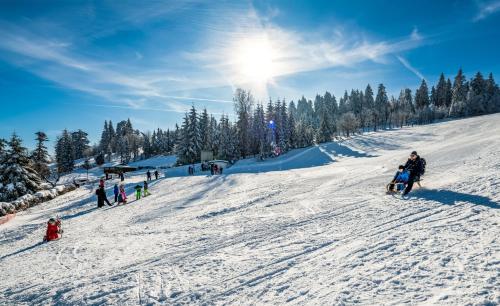 a group of people skiing down a snow covered slope at AHORN Waldhotel Altenberg in Kurort Altenberg