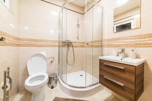 uma casa de banho com um chuveiro, um WC e um lavatório. em Apartmány Nízke Tatry - Krpáčovo em Dolná Lehota