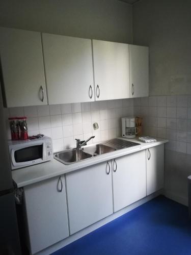 a kitchen with white cabinets and a sink and a microwave at Manoir de Bolbec in Bolbec