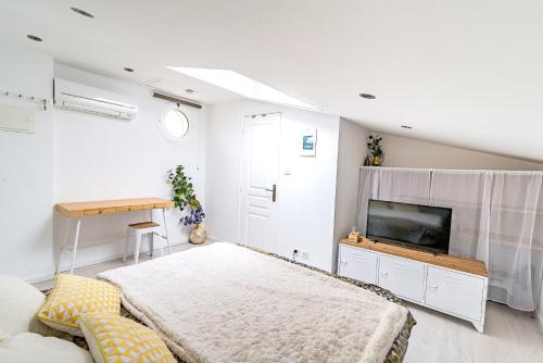 a living room with a bed and a tv at Chambre et appartements entre le Pont d Avignon et le Palais des Papes in Avignon