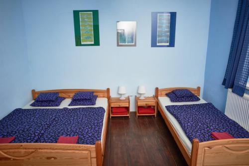 two beds in a room with blue walls at U Kosti - Bohemian Switzerland in Děčín