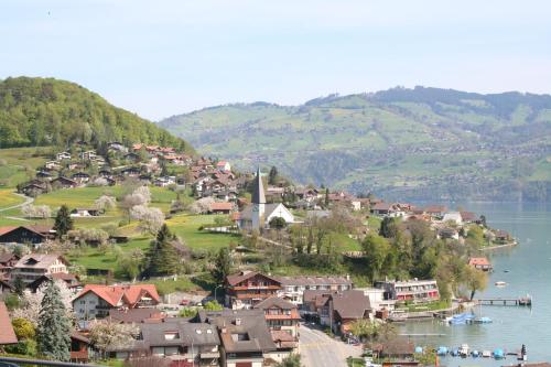 a town on a hill next to a body of water at Lake View Apartment in Faulensee