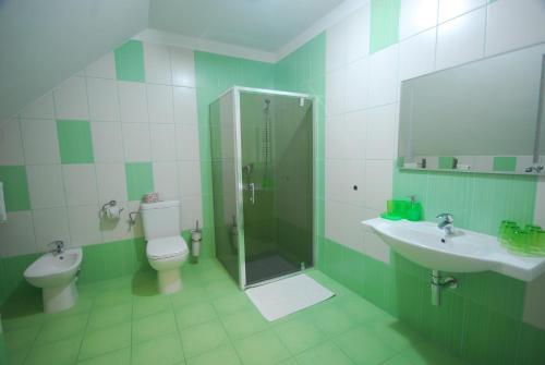 a bathroom with a shower and a toilet and a sink at Penzion Sidorovo in Ružomberok
