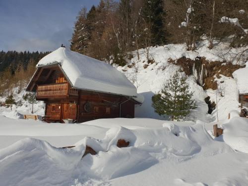 a cabin covered in snow with a pile of snow at Waldheimathütte in Sankt Kathrein am Hauenstein