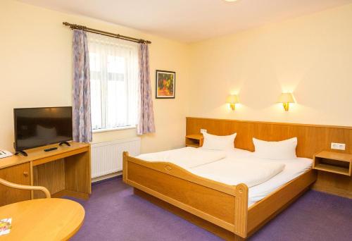 ein Hotelzimmer mit einem Bett und einem TV in der Unterkunft Hotel Müritzlicht in Waren (Müritz)