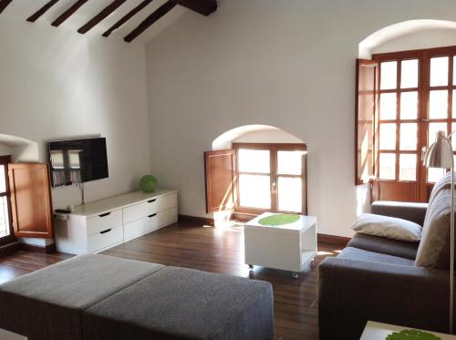 sala de estar con sofá y TV en Apartamentos Turísticos Rincones del Vino en Ezcaray