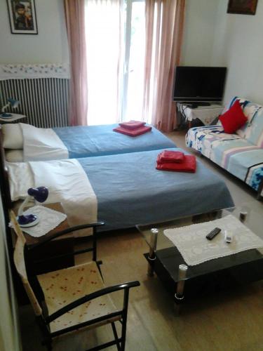 - un salon avec un lit et un canapé dans l'établissement Vasiliki's Apartment, à Kalambaka