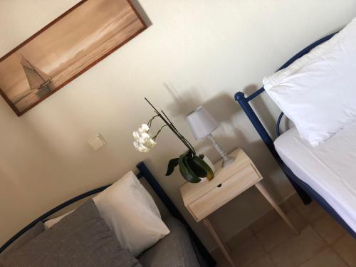 a bedroom with a bed and a side table with a plant at Red Coral Apartments in Vatopedi