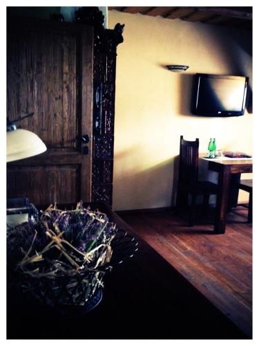 a living room with a table and a tv at Dvůr Olšiny -Hotel and Horse-riding in Karviná