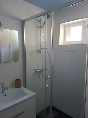 W łazience znajduje się szklana kabina prysznicowa i umywalka. w obiekcie Appartement RDC chalet 55m2 w mieście Briançon