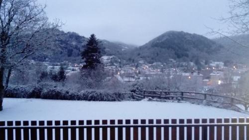 uma cidade coberta de neve com uma cerca em Hôtel St Joseph em Vic-sur-Cère