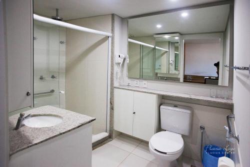 een badkamer met een toilet, een wastafel en een spiegel bij Apartamento Itaipava Granja Brasil in Itaipava