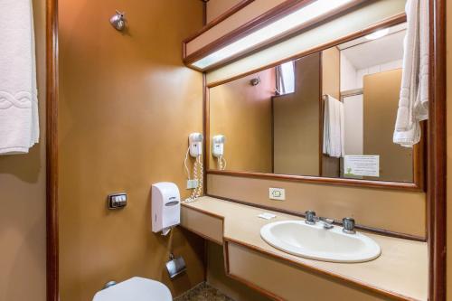 a bathroom with a sink and a mirror at Hotel Tibagi in Curitiba