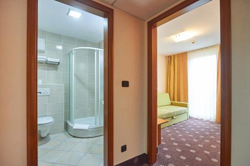 a bathroom with a shower and a toilet at Hotel Korosica in Šentjanž pri Dravogradu