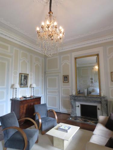 a living room with a chandelier and a fireplace at B&B Le Jardin de Carco in Châtillon-sur-Seine