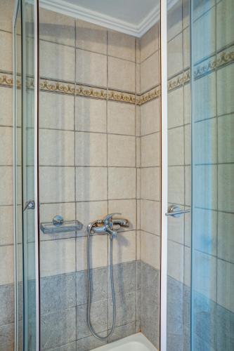 a shower with a glass door in a bathroom at Galini Studios in Sivota