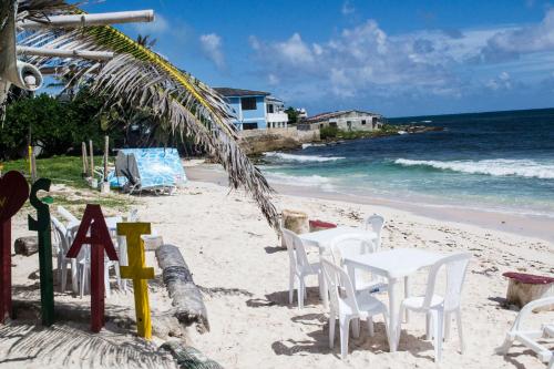 uma praia de areia com cadeiras brancas e o oceano em Ohana Lodging em San Andrés