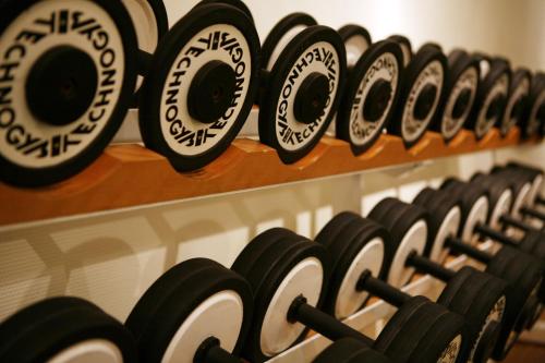 a row of dumbbells in a rack at Gudbrandsgard Hotel in Kvitfjell