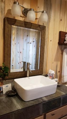 La salle de bains est pourvue d'un lavabo blanc et d'un miroir. dans l'établissement Bluff Gardens, à Bluff