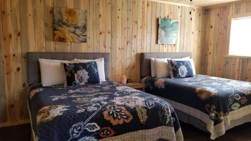 two beds in a room with wooden walls at Bluff Gardens in Bluff
