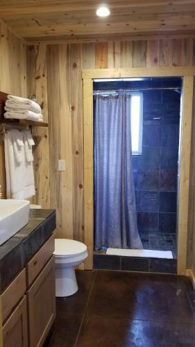 a bathroom with a shower with a toilet and a sink at Bluff Gardens in Bluff