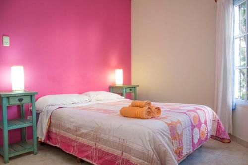 a pink bedroom with a bed with a teddy bear on it at Cabañas El Sueño de Pedro in Colón