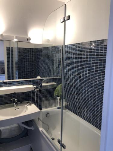 une salle de bain avec une baignoire, un lavabo et une douche dans l'établissement Studio 21m2 Port-Camargues, le Grau du Roi, au Grau-du-Roi