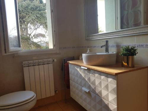 baño con lavabo y aseo y 2 ventanas en Palazzina Mary, en Lucca