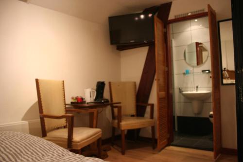 een kamer met een bed, een wastafel en een spiegel bij Koperen keteltje in Nieuwstadt