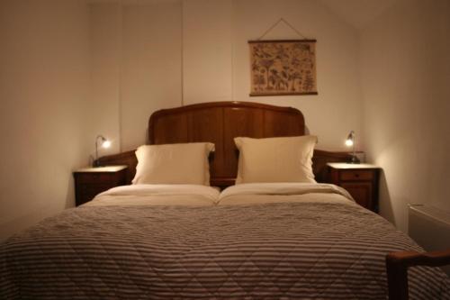1 dormitorio con 1 cama grande y 2 almohadas en Koperen keteltje, en Nieuwstadt