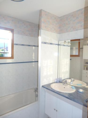a bathroom with a sink and a tub and a mirror at vue sur les montagnes dans maison au calme in Saint-Joseph-de-Rivière