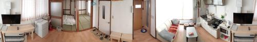 two views of a room with a skateboard ramp at Happy Apartment in Sapporo