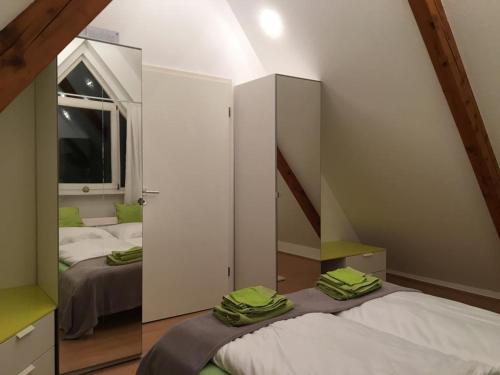a bedroom with two beds and a mirror at Ferienimspessart OG in Bad Soden-Salmünster
