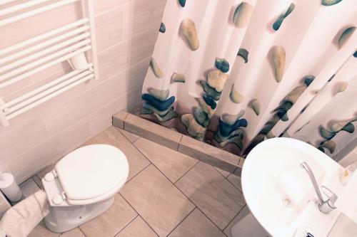 a bathroom with a toilet and a sink and a shower curtain at Abigél Apartman in Mórahalom