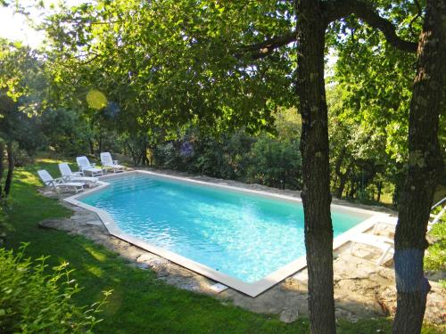 a swimming pool in a yard with chairs and trees at Les Restanques in Goult