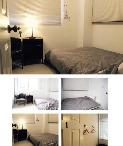 two pictures of a bedroom with a bed and a lamp at ラナイ ホテルアンドドミトリー in Naha