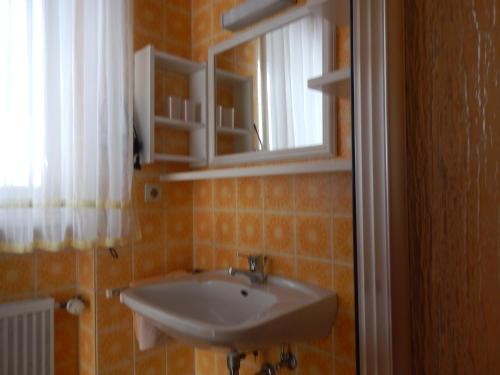 ein Bad mit einem Waschbecken und einem Spiegel in der Unterkunft Haus Bergschmied in Inzell